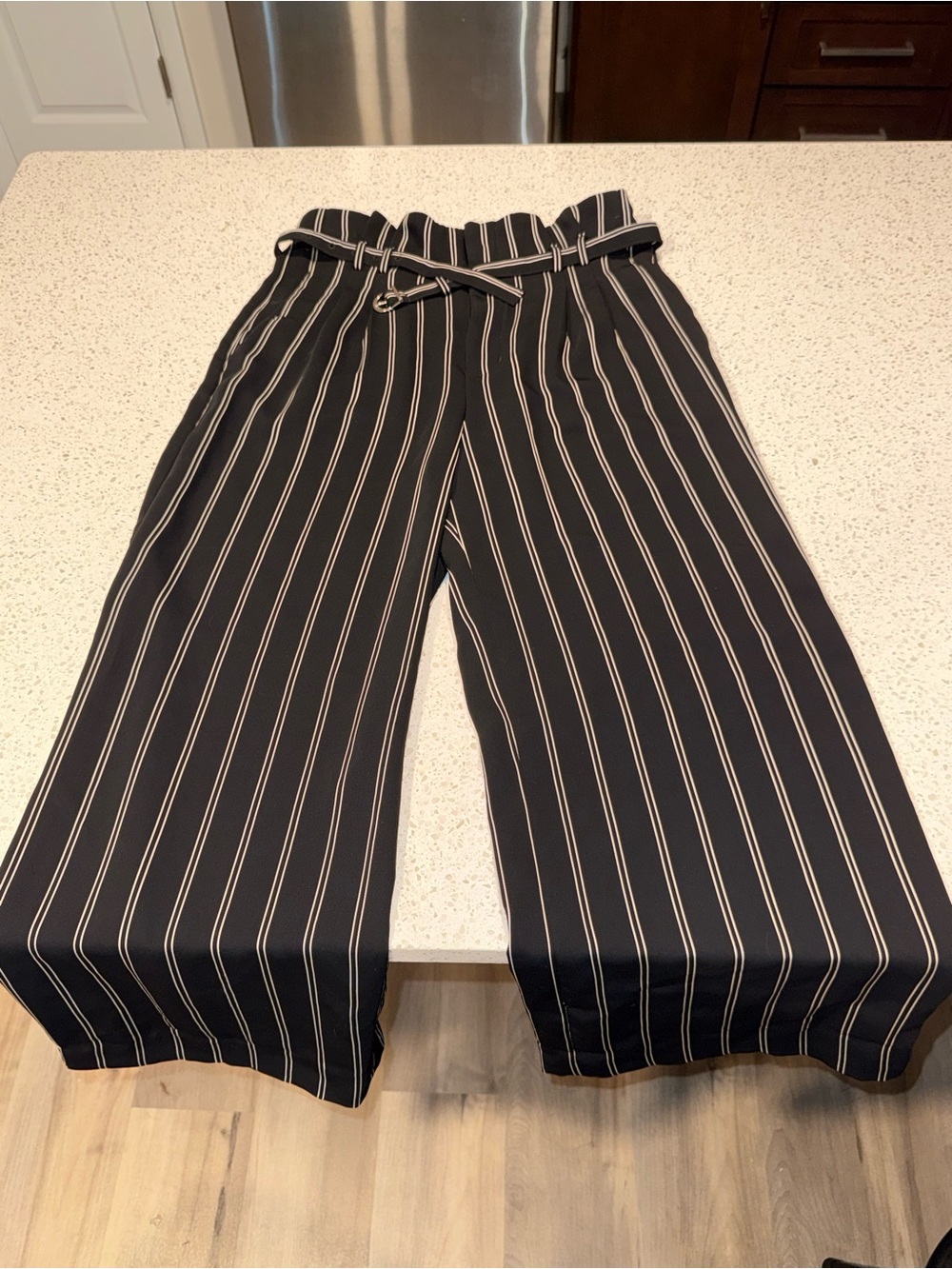 Express Black Wide-Leg Pinstripe Paperbag Pants with Belt